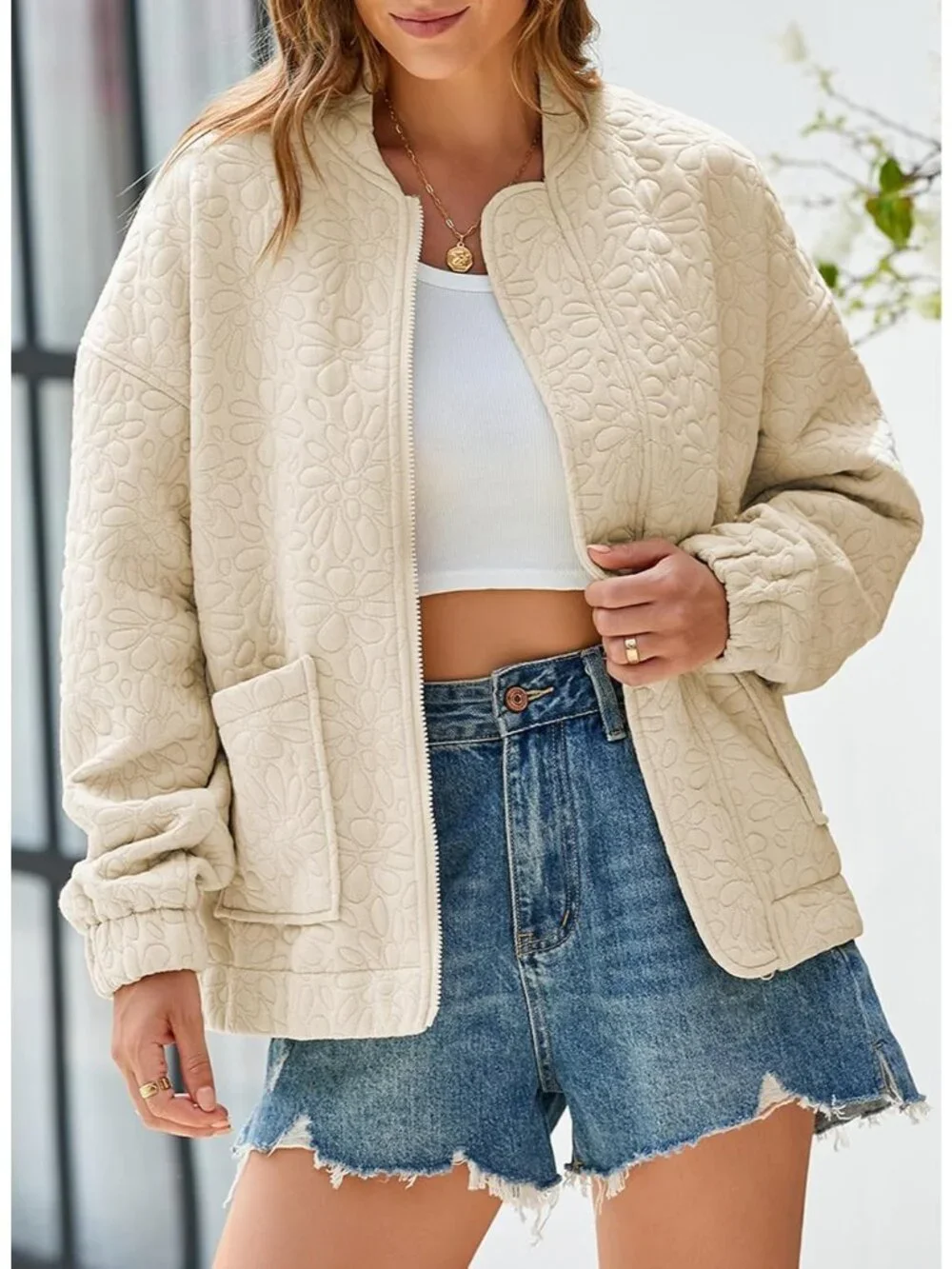 Women's Apricot Lightweight Stand Collar Long Sleeve Outerwear Bomber Jacket